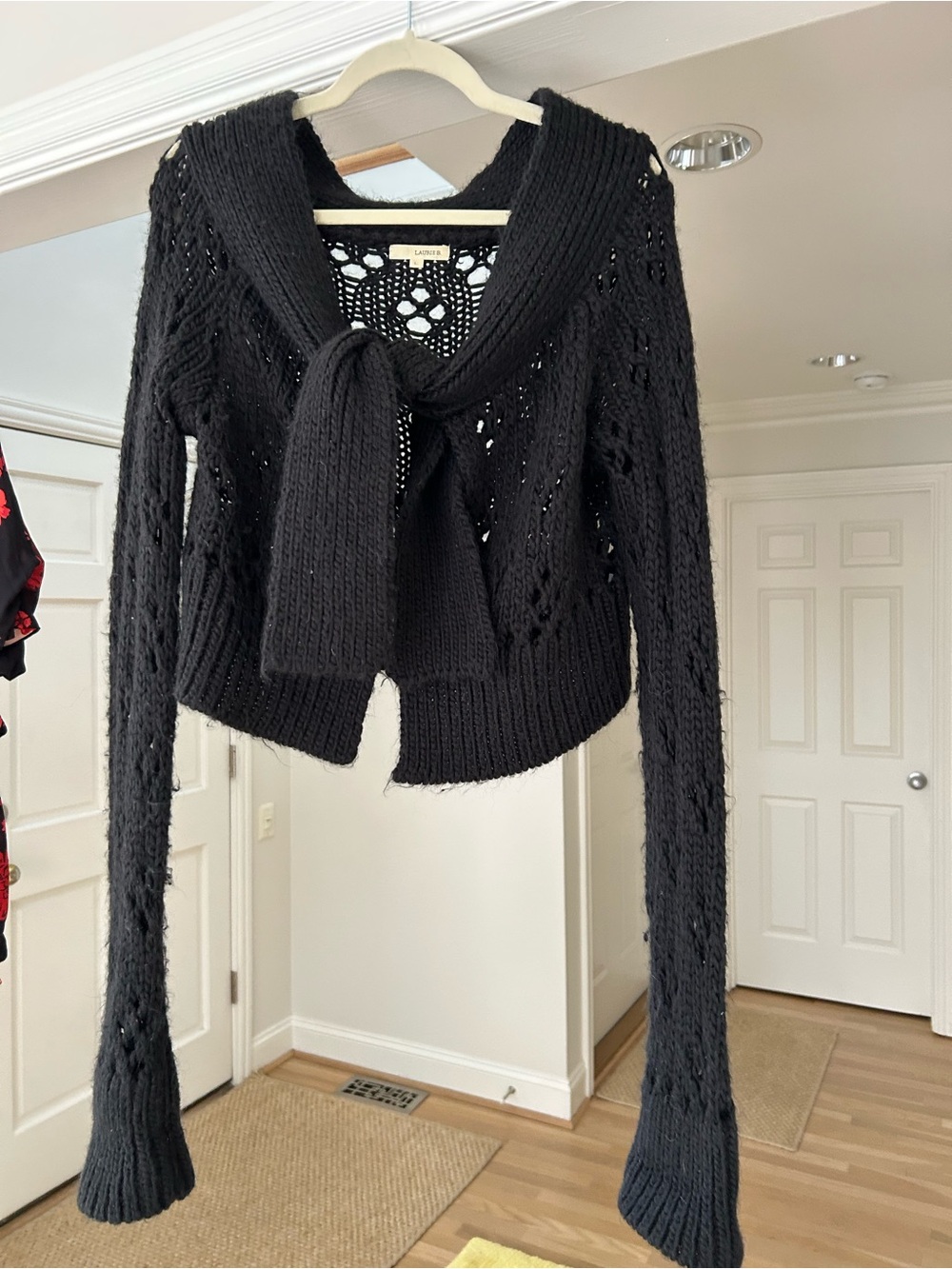 Laurie B Black Open-Knit Tie-Neck Cropped Sweater